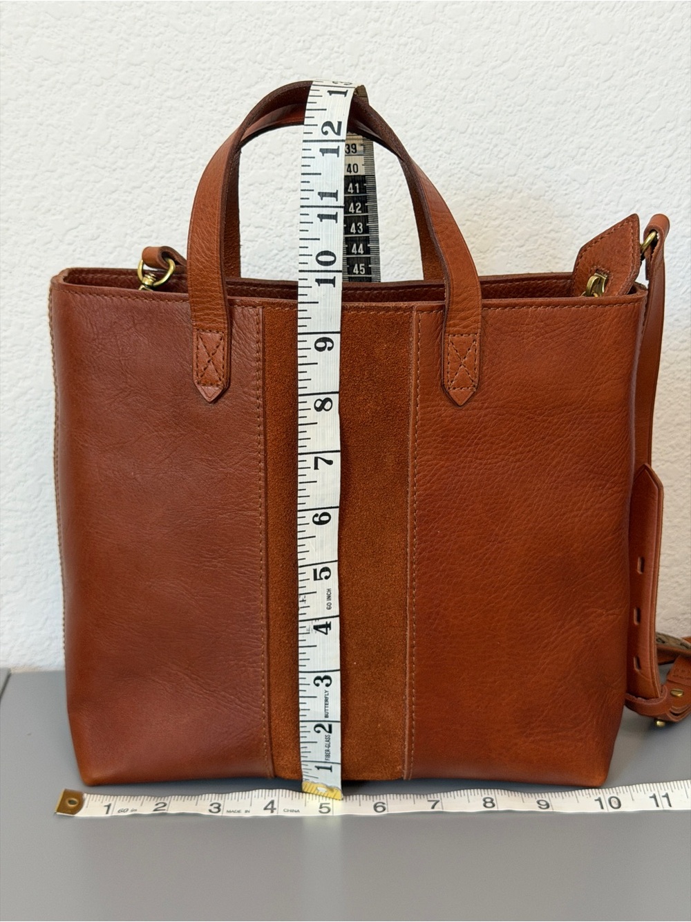 Madewell Transport Leather Crossbody Small Tote with Suede Vertical Stripe - Picture 6 of 9